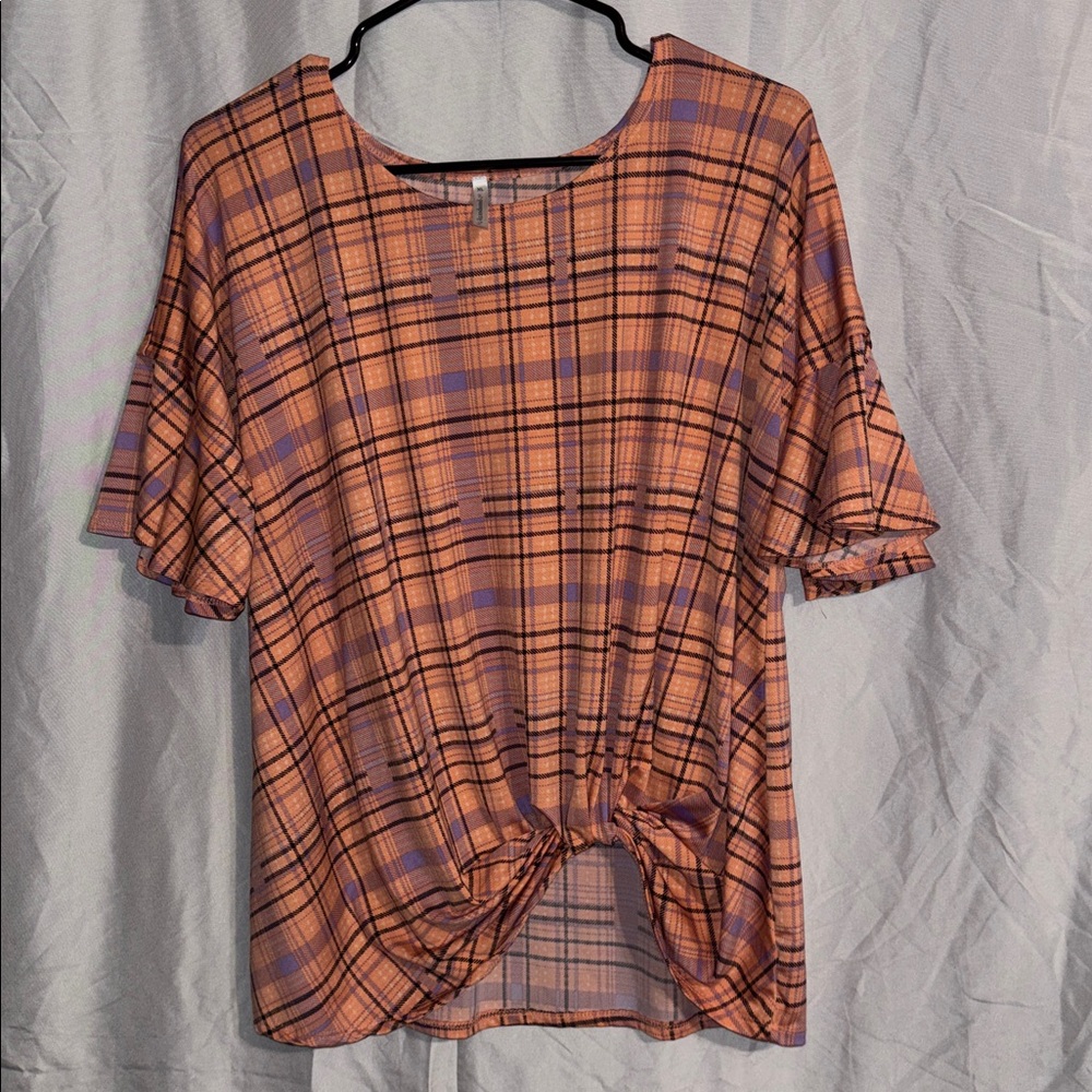 Plaid Ruffle Sleeve Women's Top - Pink/Coral